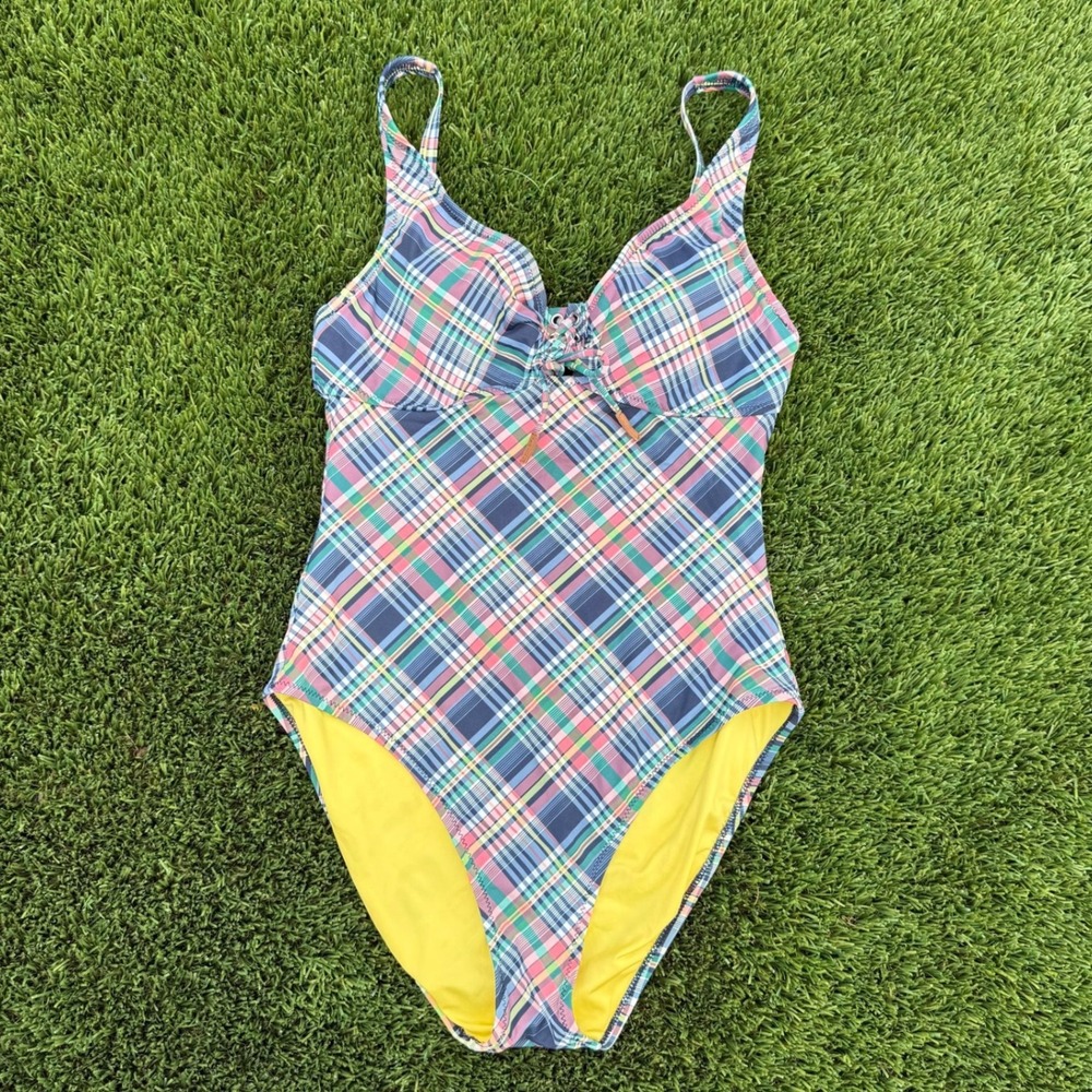 Sperry Womens Plaid Lace Up One Piece Swimsuit Multi Color PL003M0‎ Size L